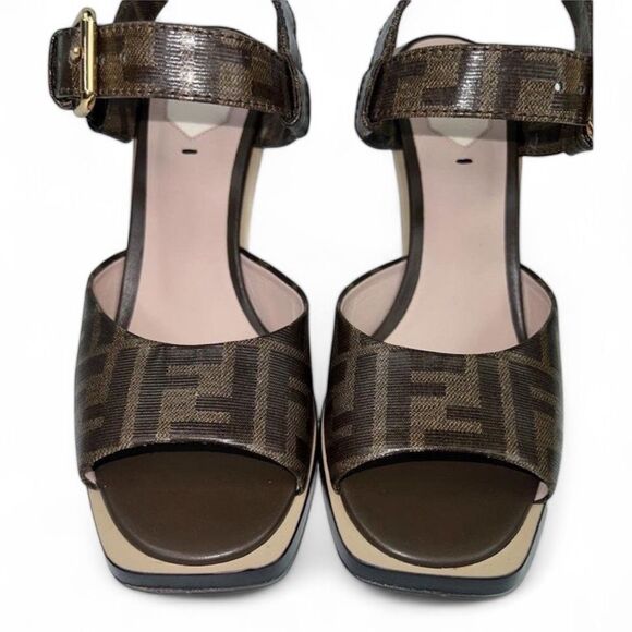 FENDI Tobacco Brown FF Zucca Logo Coated Canvas Wedge Sandals Size EU38.5 - Picture 5 of 14